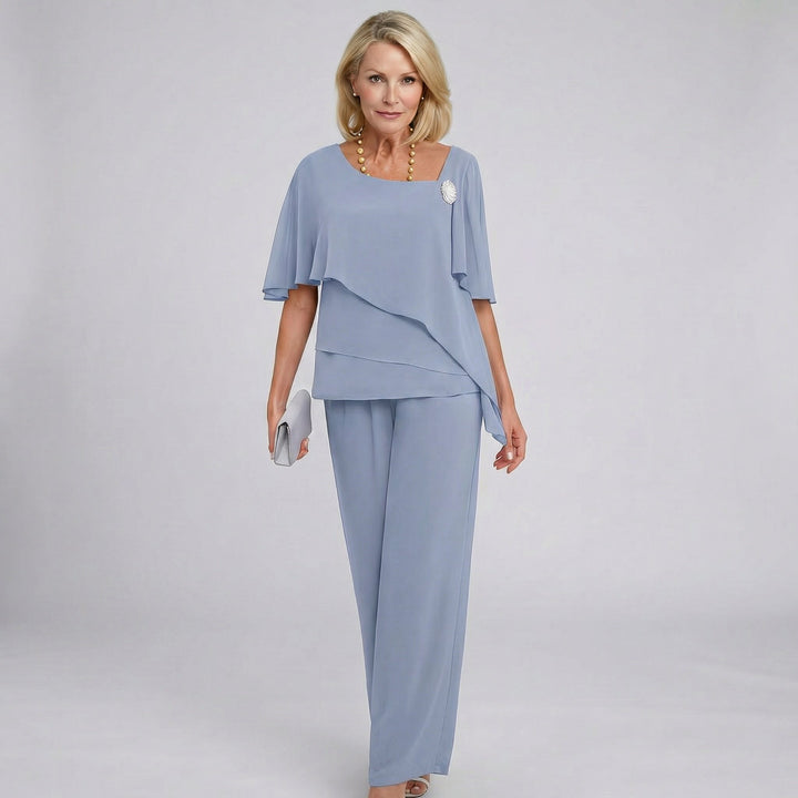 Damen Chiffon Cape-Ärmel Two-Piece Set mit weiten Beinen - Grey-Blue