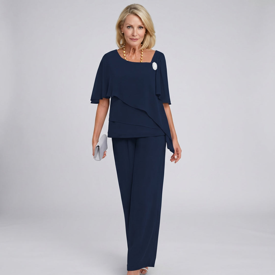 Damen Chiffon Cape-Ärmel Two-Piece Set mit weiten Beinen - Navy Blue
