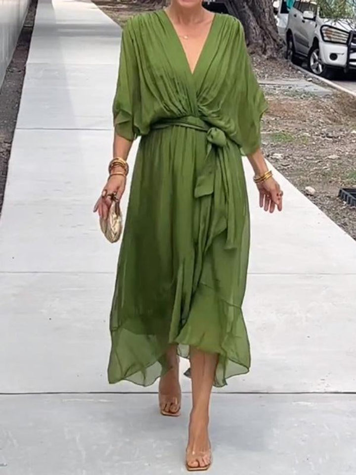 Damen Chiffon Cocktailparty-Kleid V-Ausschnitt Taillengürtel Midi - Grün