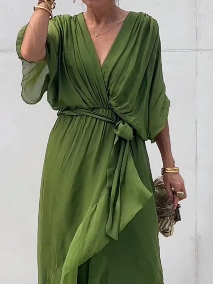 Damen Chiffon Cocktailparty-Kleid V-Ausschnitt Taillengürtel Midi
