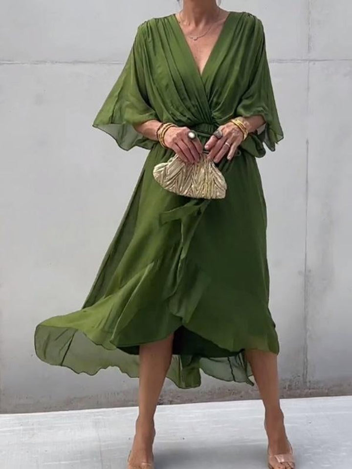 Damen Chiffon Cocktailparty-Kleid V-Ausschnitt Taillengürtel Midi