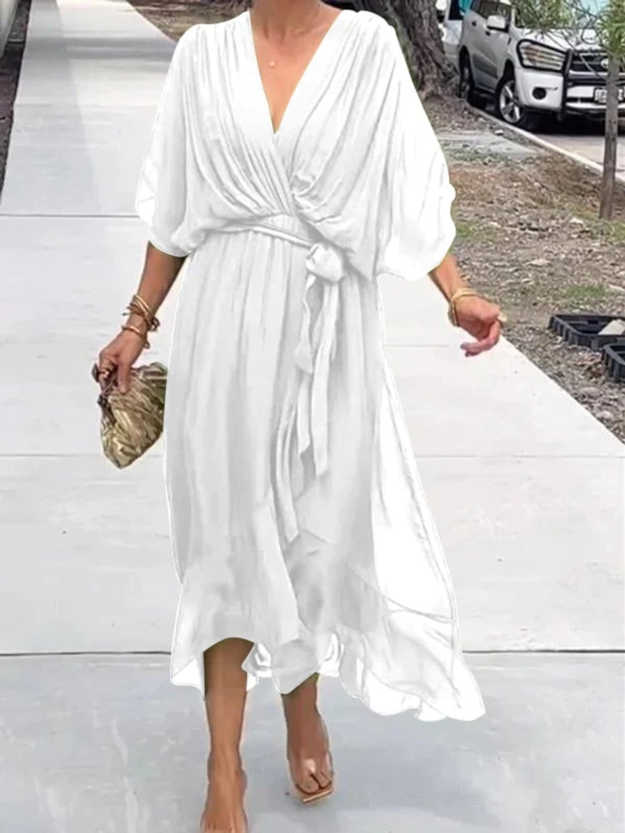 Damen Chiffon Cocktailparty-Kleid V-Ausschnitt Taillengürtel Midi - Weiß
