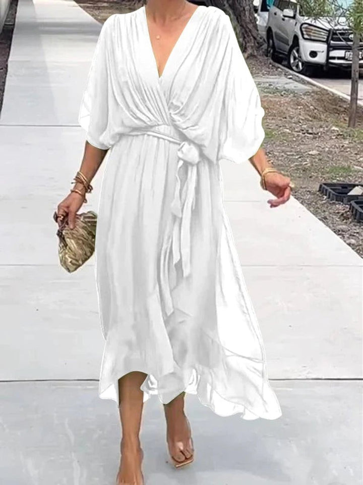 Damen Chiffon Cocktailparty-Kleid V-Ausschnitt Taillengürtel Midi - Weiß