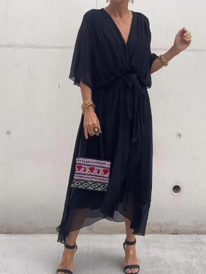Damen Chiffon Cocktailparty-Kleid V-Ausschnitt Taillengürtel Midi - Schwarz