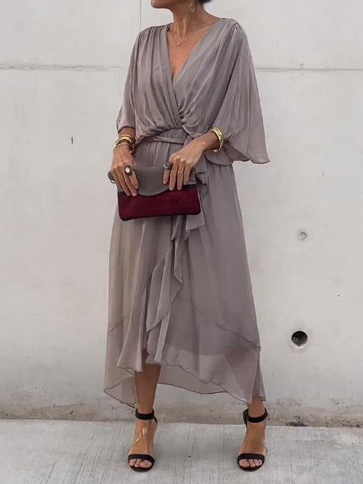 Damen Chiffon Cocktailparty-Kleid V-Ausschnitt Taillengürtel Midi - Grau