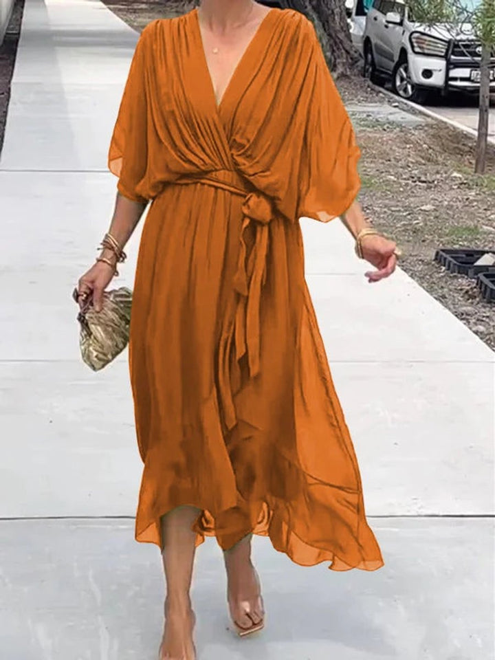 Damen Chiffon Cocktailparty-Kleid V-Ausschnitt Taillengürtel Midi - Orange