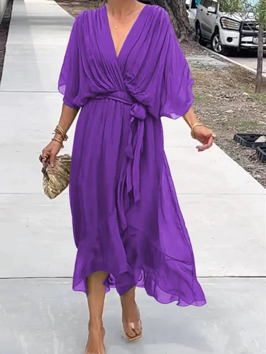 Damen Chiffon Cocktailparty-Kleid V-Ausschnitt Taillengürtel Midi - Lila