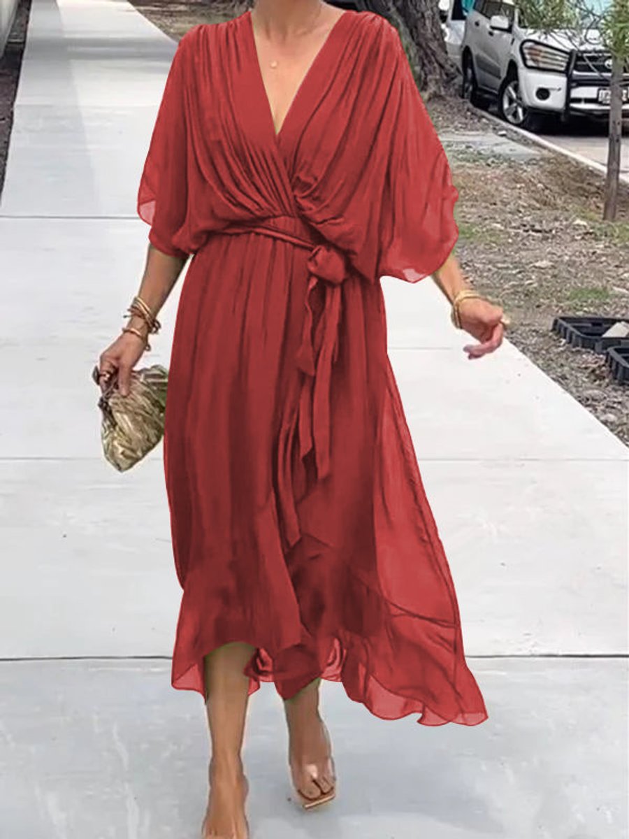 Damen Chiffon Cocktailparty-Kleid V-Ausschnitt Taillengürtel Midi - Rot