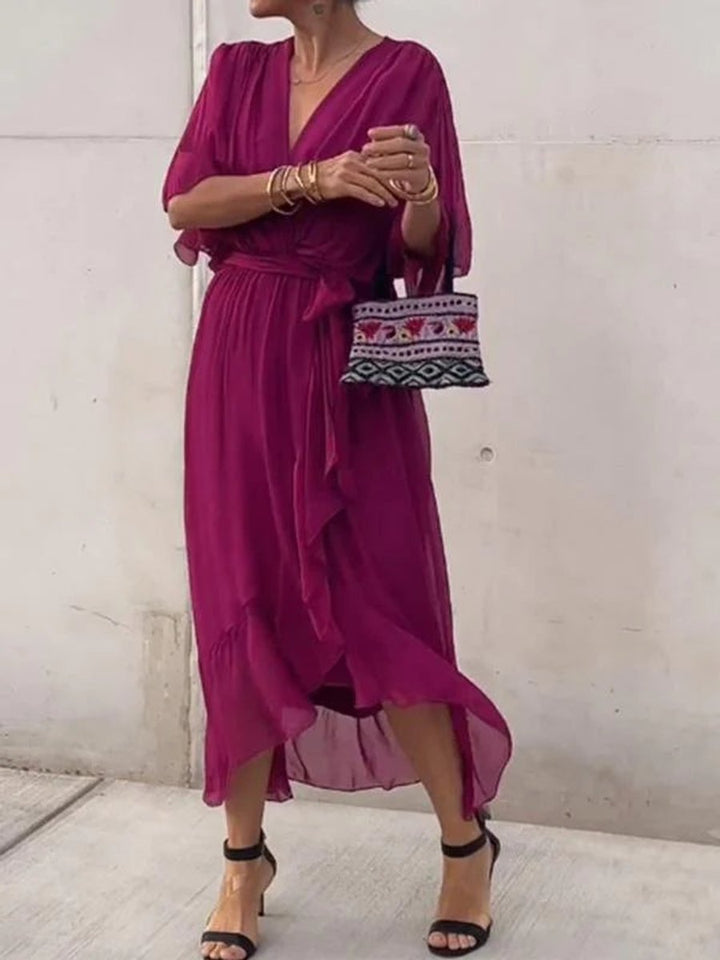 Damen Chiffon Cocktailparty-Kleid V-Ausschnitt Taillengürtel Midi - Dunkelviolett