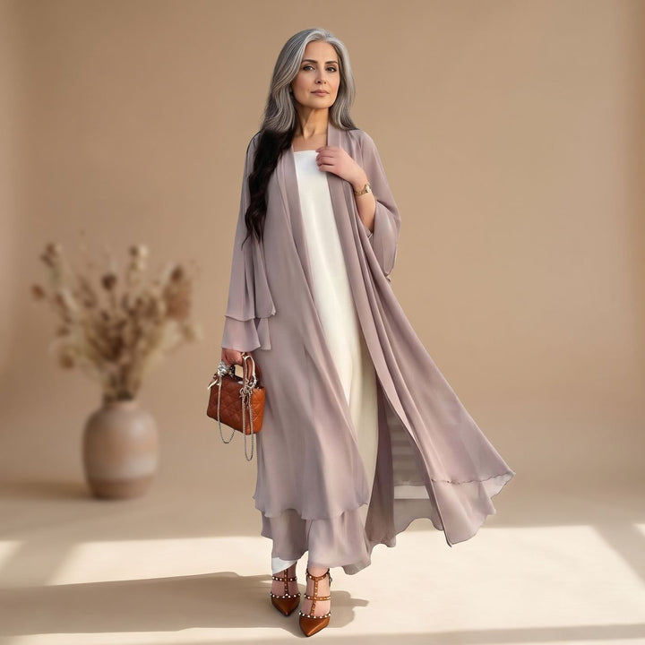 Damen Chiffon Kimono-Cardigan Longline Offen Rüschen - Taupe