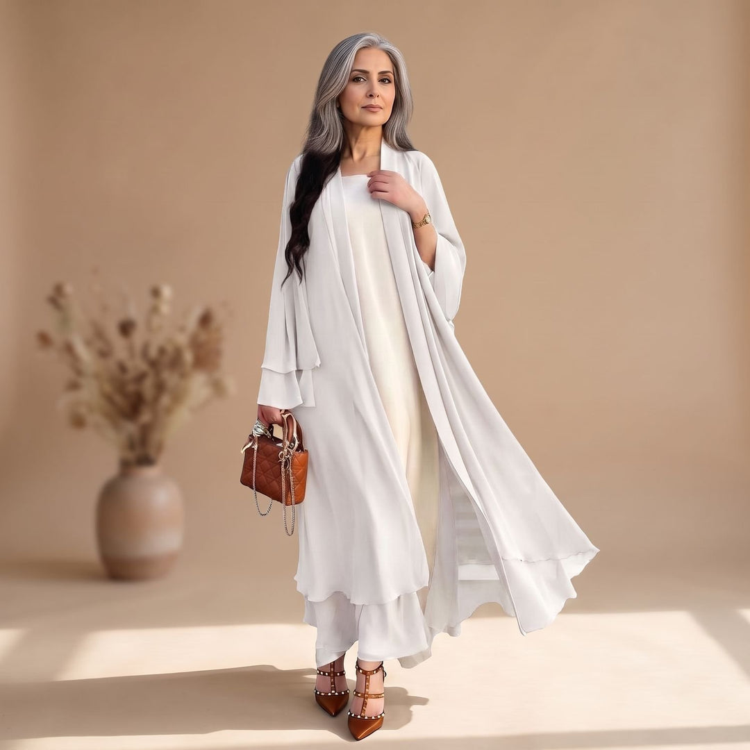 Damen Chiffon Kimono-Cardigan Longline Offen Rüschen - Weiß