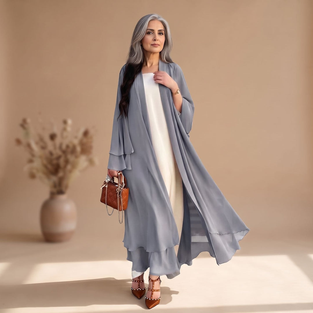 Damen Chiffon Kimono-Cardigan Longline Offen Rüschen - Grau