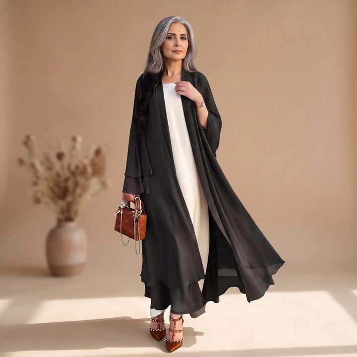 Damen Chiffon Kimono-Cardigan Longline Offen Rüschen - Schwarz