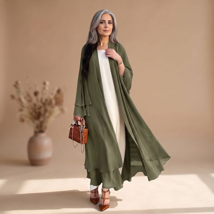Damen Chiffon Kimono-Cardigan Longline Offen Rüschen - Armeegrün