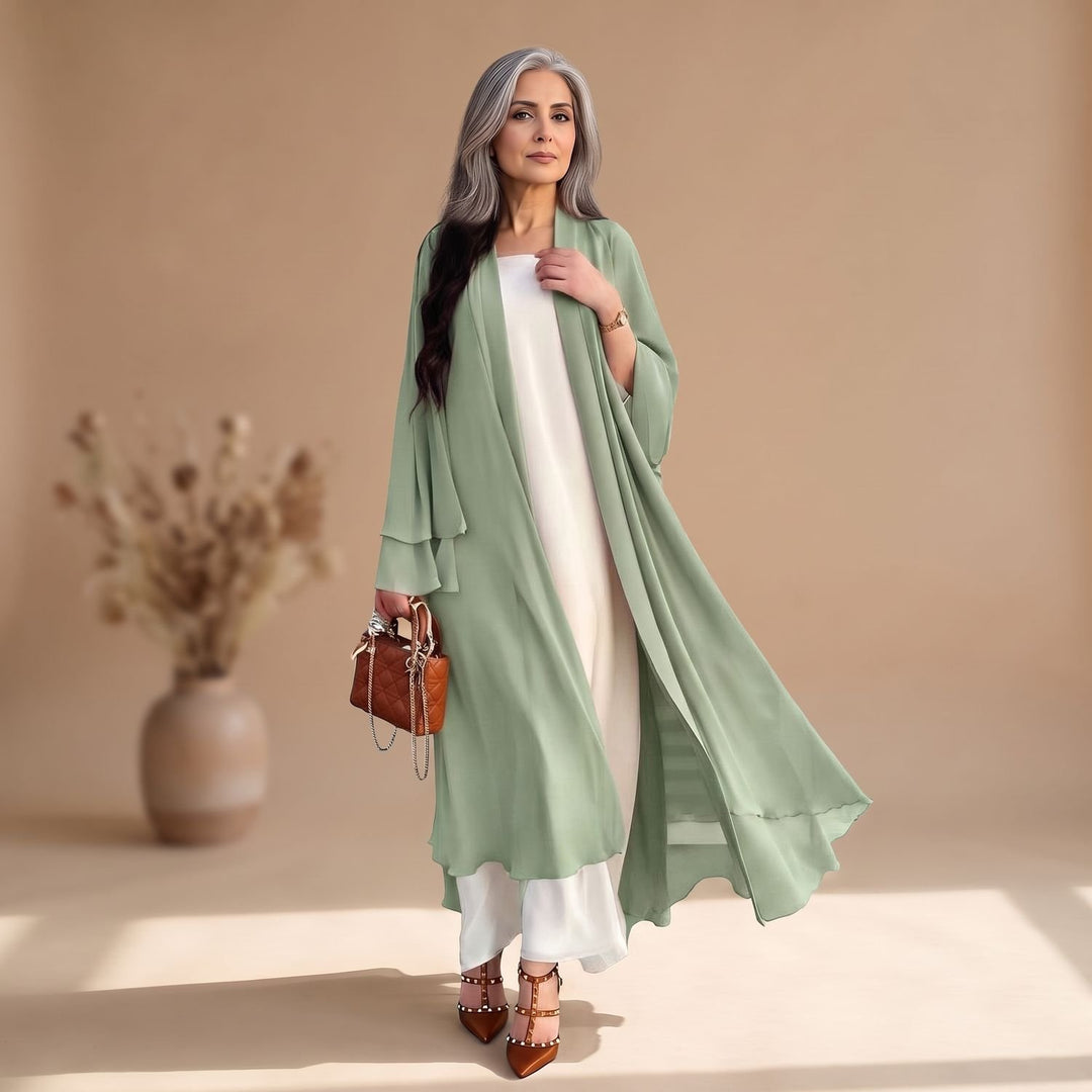 Damen Chiffon Kimono-Cardigan Longline Offen Rüschen - Grün