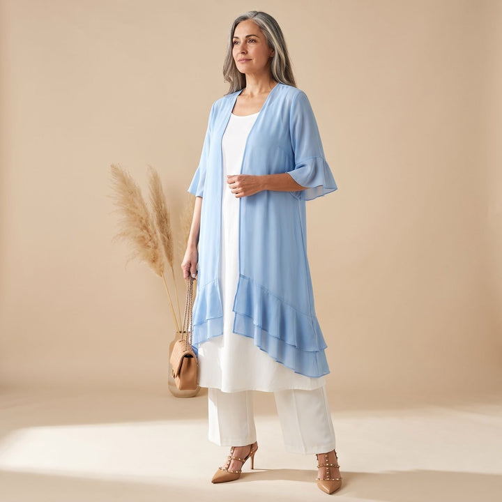 Damen Chiffon Kimono-Cardigan Longline Offen Rüschen - Hellblau
