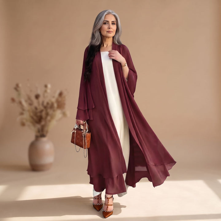 Damen Chiffon Kimono-Cardigan Longline Offen Rüschen - Weinrot