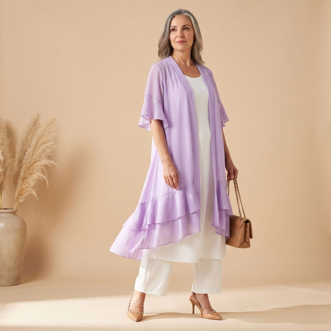 Damen Chiffon Kimono-Cardigan Longline Offen Rüschen - Lila