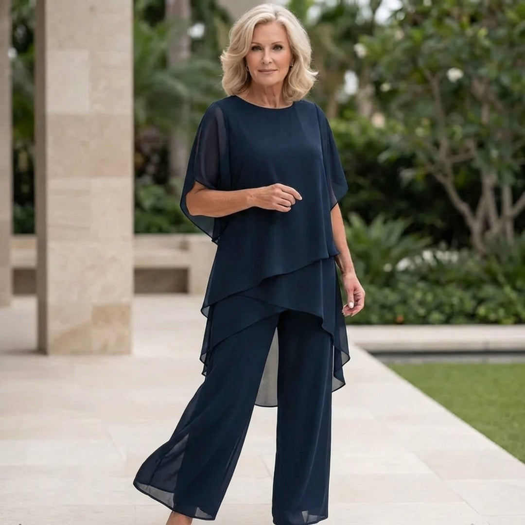 Damen Chiffon Lagen-Set Weites Oberteil Elegante Hose - Blau