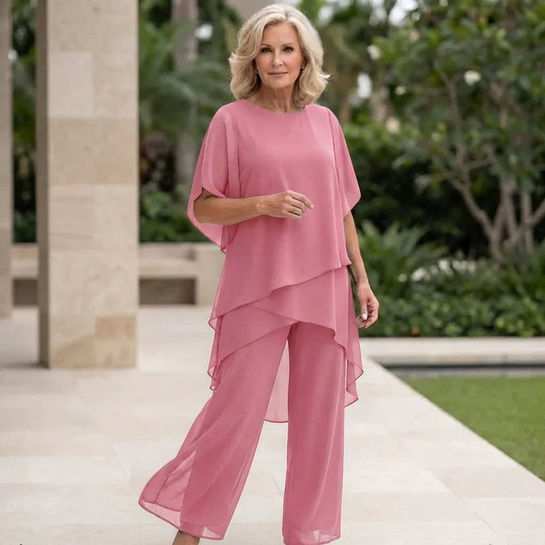 Damen Chiffon Lagen-Set Weites Oberteil Elegante Hose - Rosa