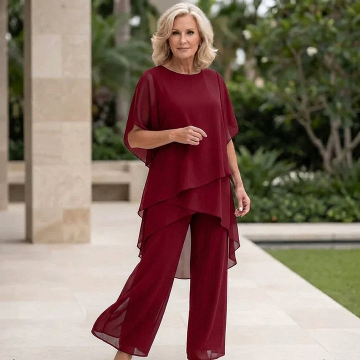 Damen Chiffon Lagen-Set Weites Oberteil Elegante Hose - Rot