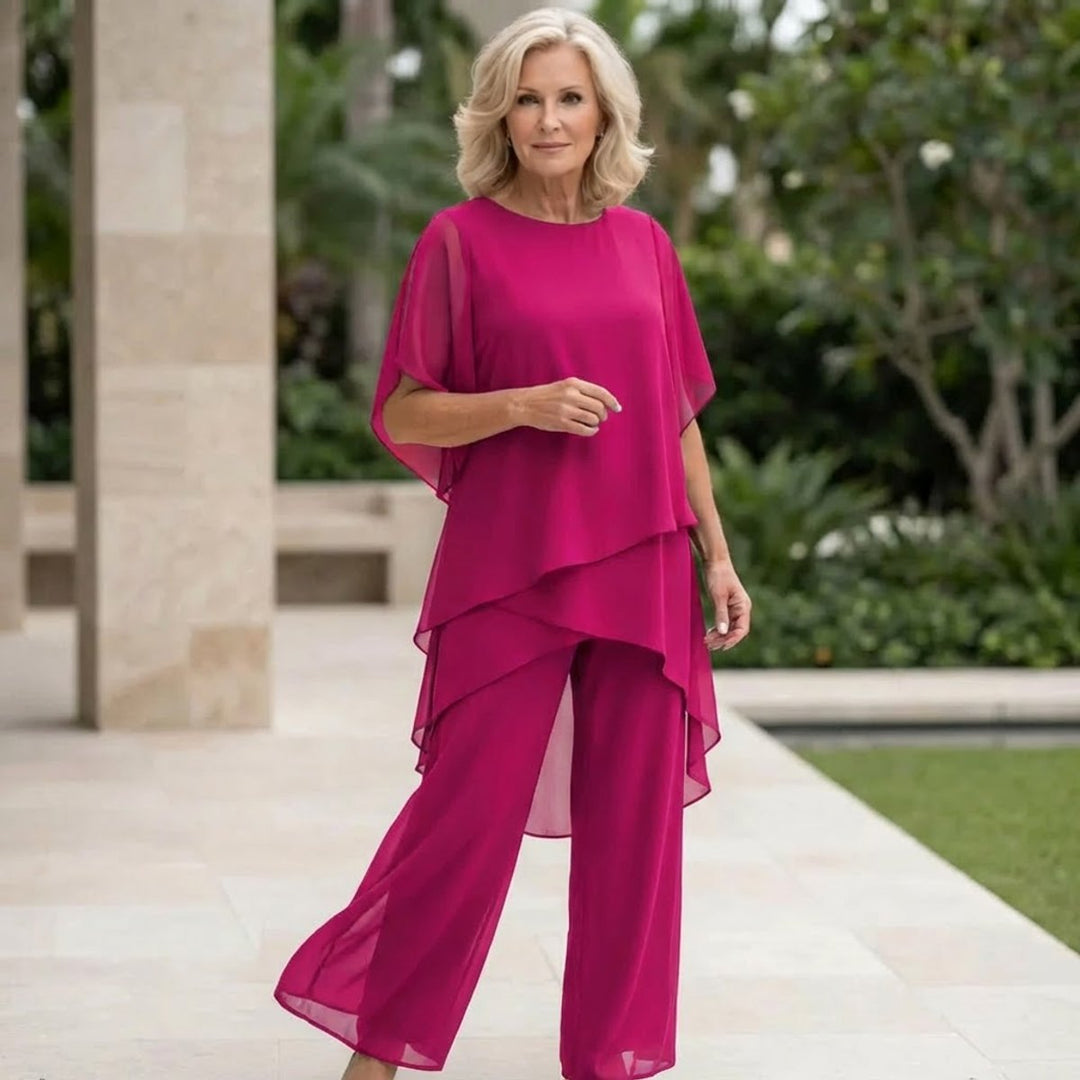 Damen Chiffon Lagen-Set Weites Oberteil Elegante Hose - Lila