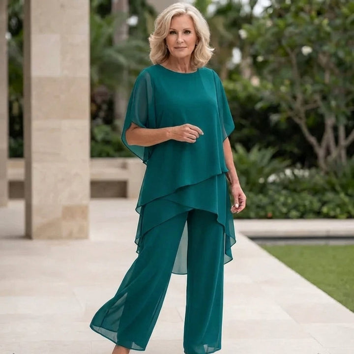 Damen Chiffon Lagen-Set Weites Oberteil Elegante Hose - Türkis