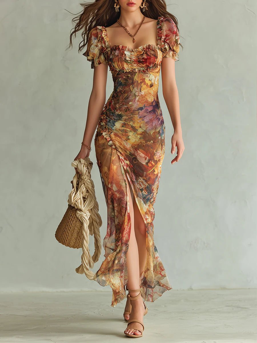 Damen Chiffon Maxi-Kleid Herzausschnitt Rüschen Blumenmuster - Orange