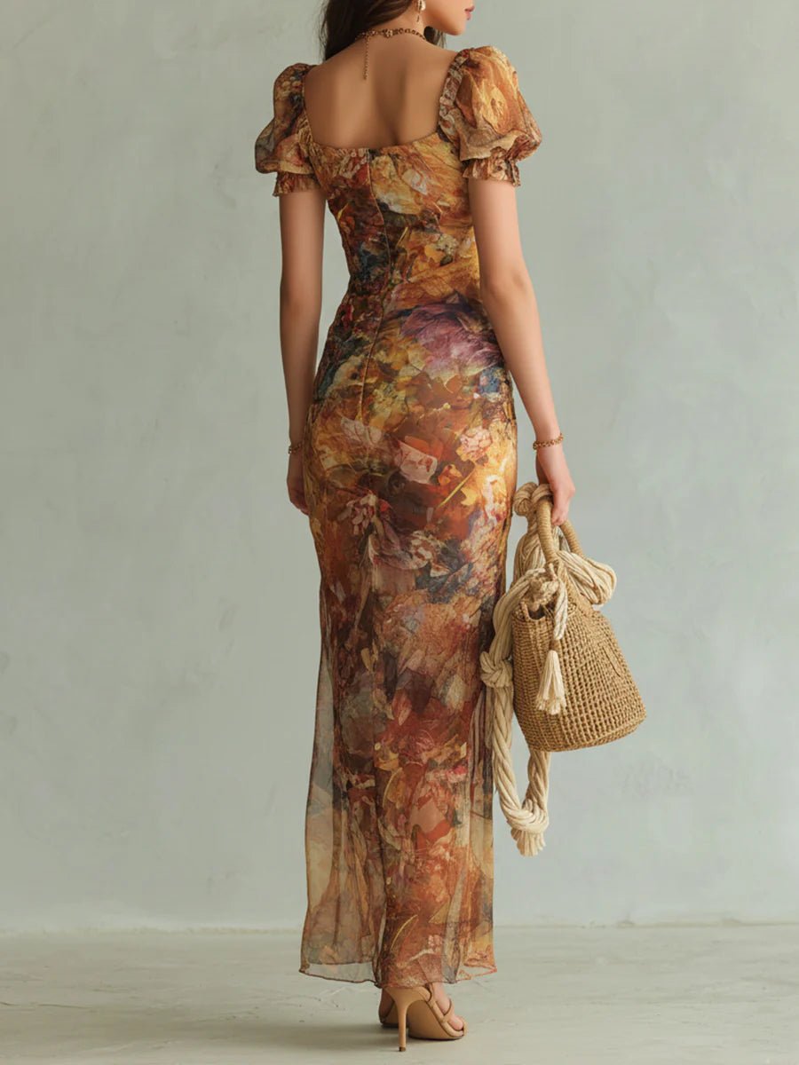 Damen Chiffon Maxi-Kleid Herzausschnitt Rüschen Blumenmuster