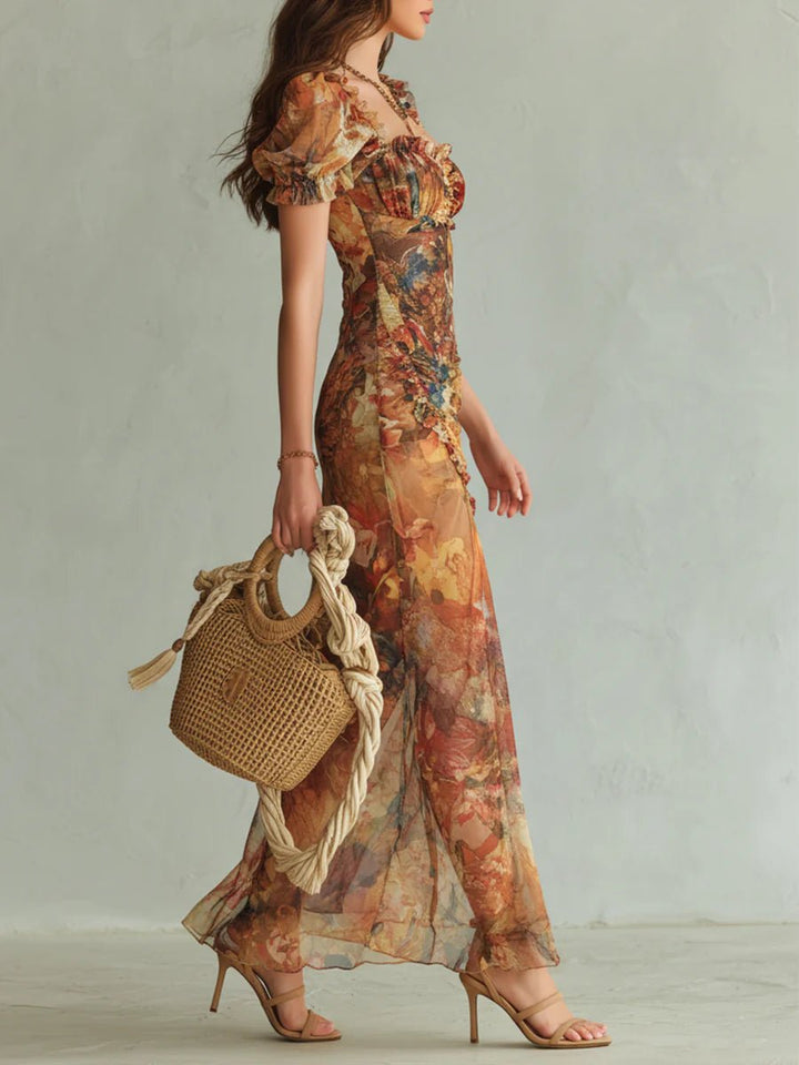 Damen Chiffon Maxi-Kleid Herzausschnitt Rüschen Blumenmuster