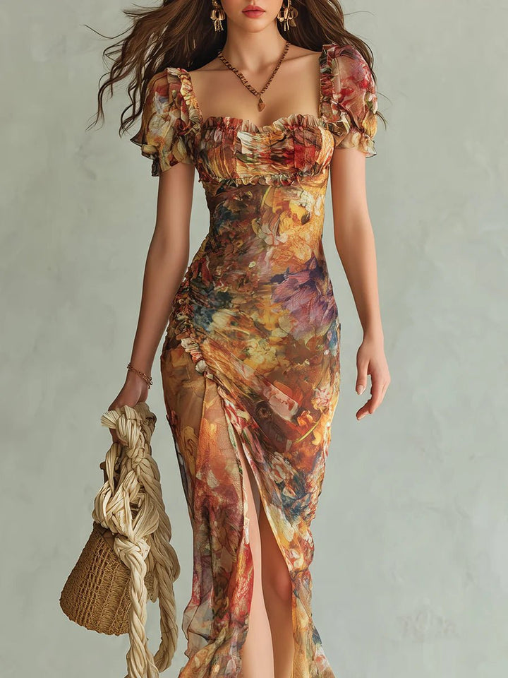 Damen Chiffon Maxi-Kleid Herzausschnitt Rüschen Blumenmuster
