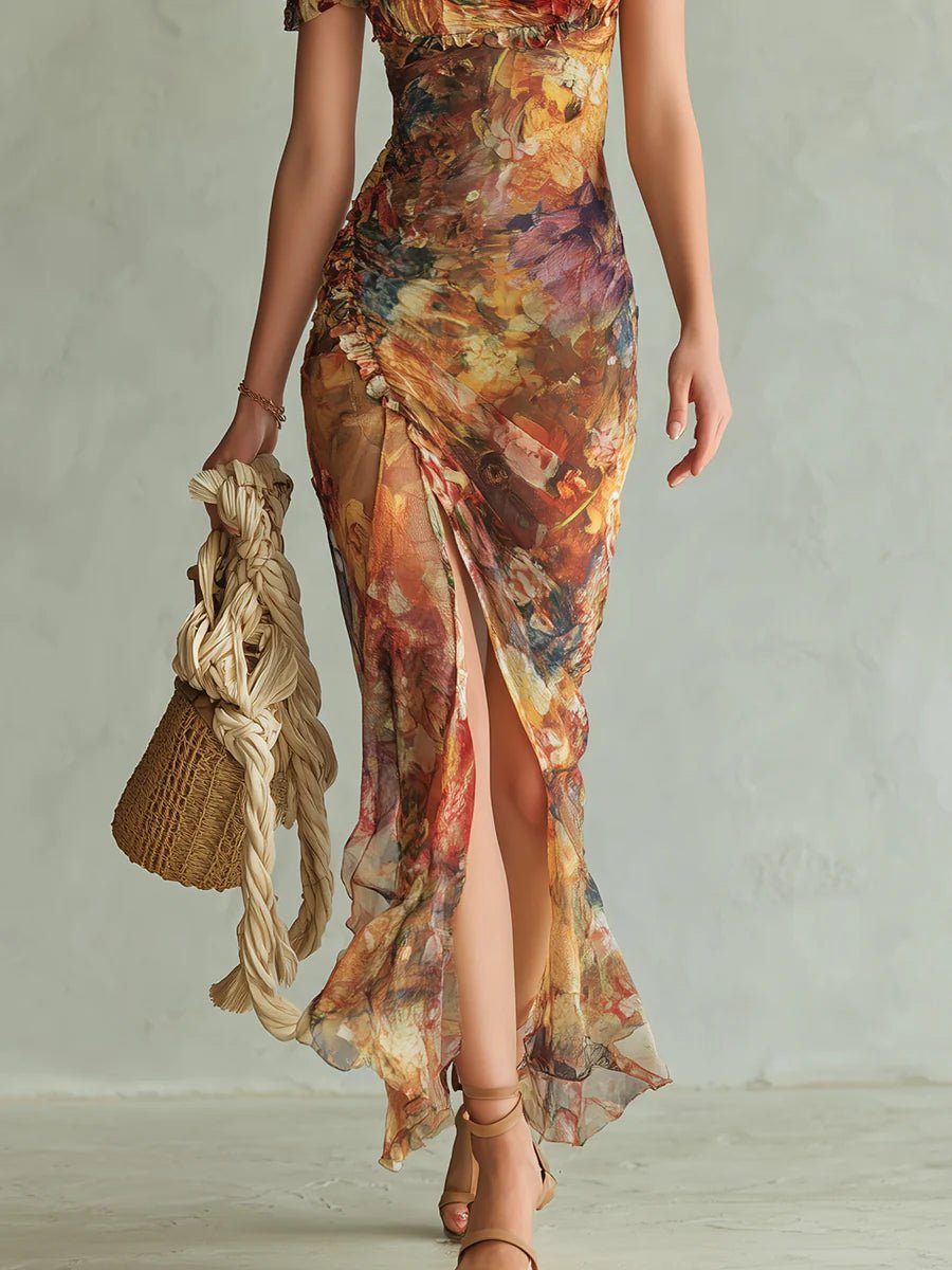 Damen Chiffon Maxi-Kleid Herzausschnitt Rüschen Blumenmuster