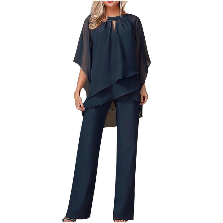 Damen Chiffon Overlay Fledermausärmel Weites Bein Hosenanzug - Navy Blue