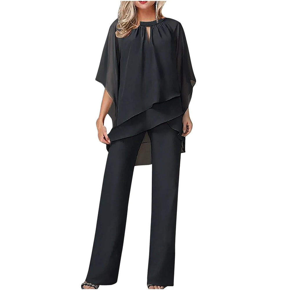 Damen Chiffon Overlay Fledermausärmel Weites Bein Hosenanzug - Black