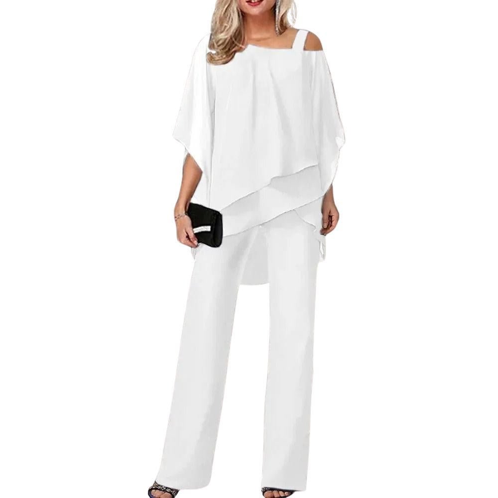 Damen Chiffon Overlay Fledermausärmel Weites Bein Hosenanzug - White