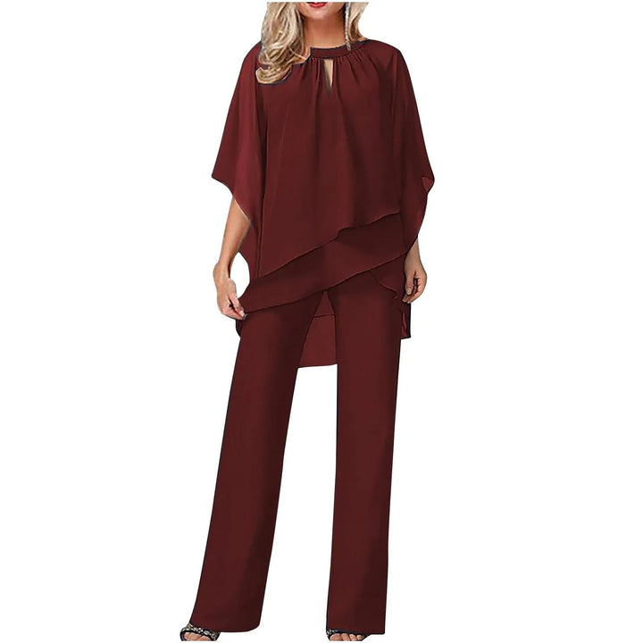 Damen Chiffon Overlay Fledermausärmel Weites Bein Hosenanzug - Burgundy