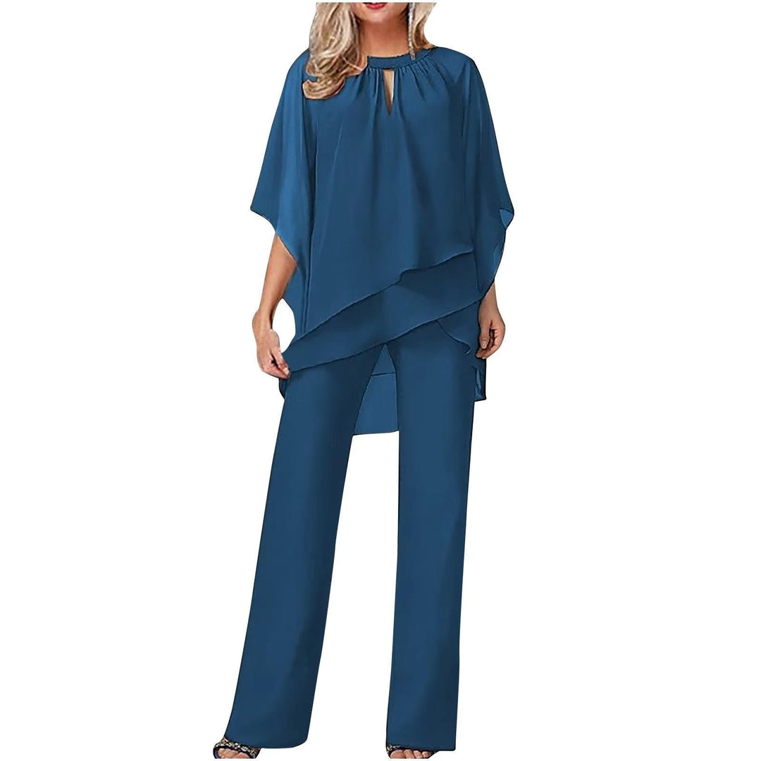Damen Chiffon Overlay Fledermausärmel Weites Bein Hosenanzug - Royal Blue