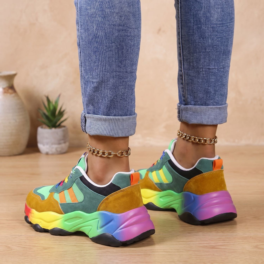 Damen Chunky Sneaker Mehrfarbig Bunt Plateau Schnürschuh - Grün