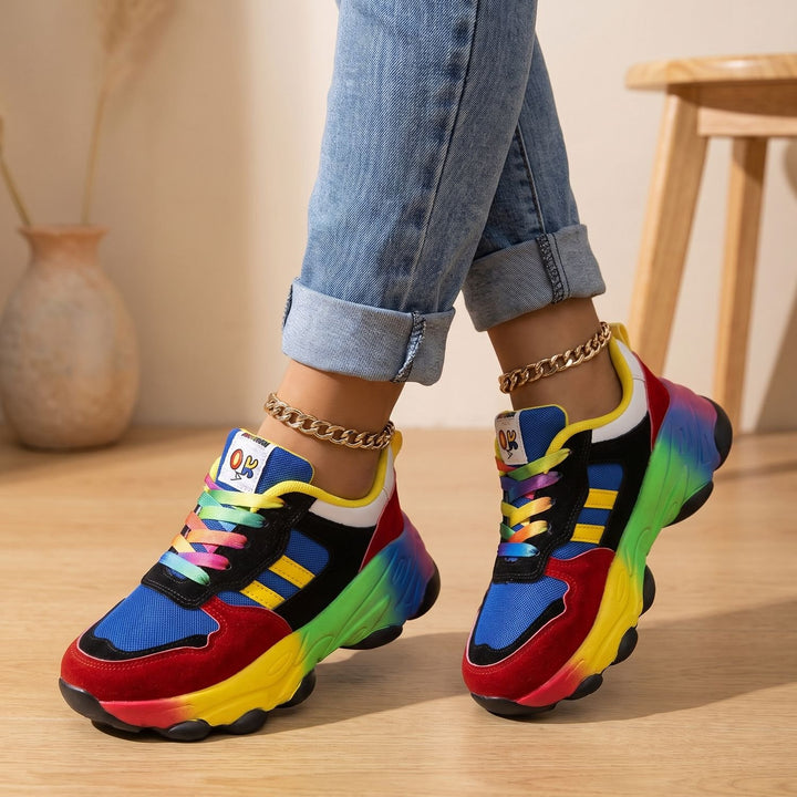 Damen Chunky Sneaker Mehrfarbig Bunt Plateau Schnürschuh - Blau