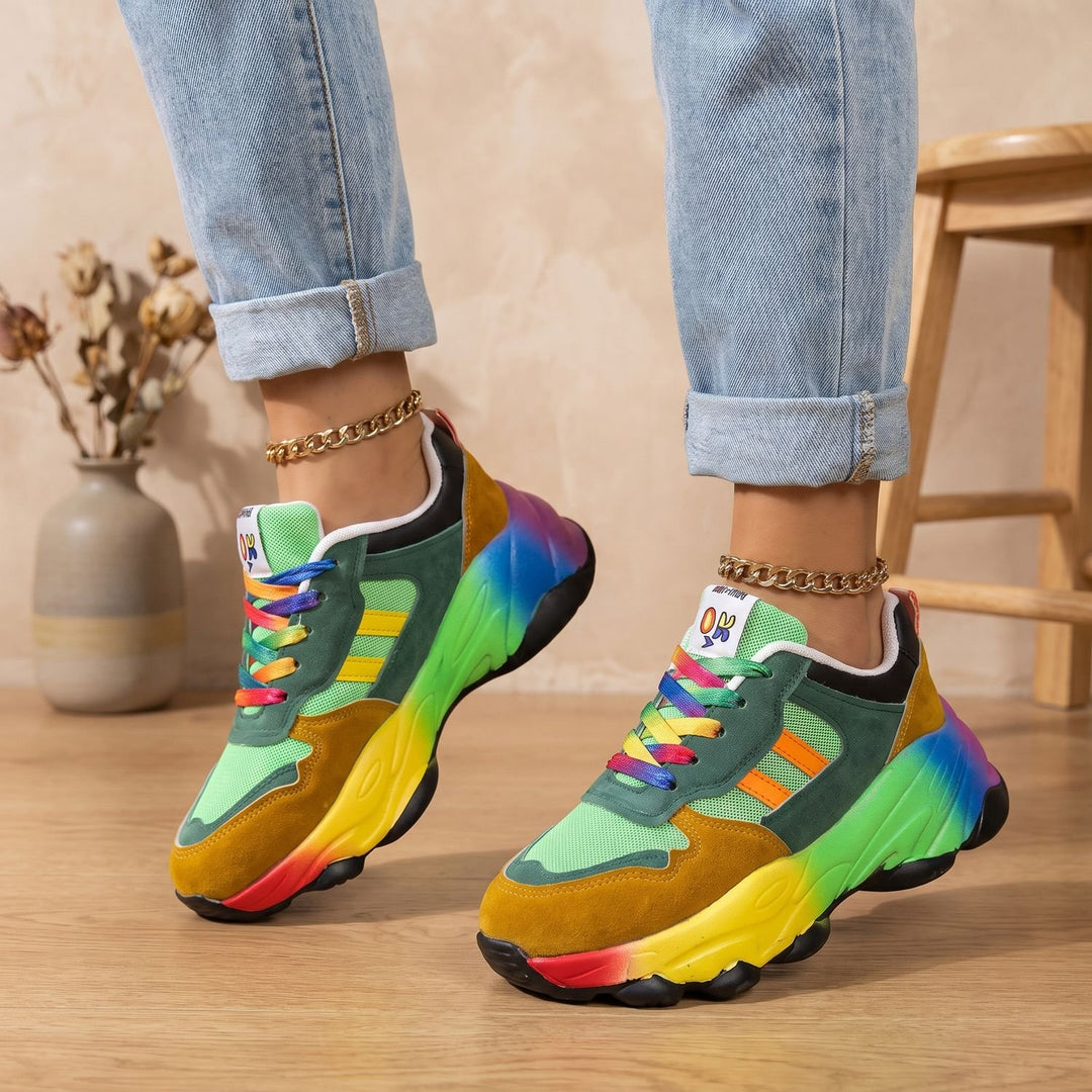 Damen Chunky Sneaker Mehrfarbig Bunt Plateau Schnürschuh