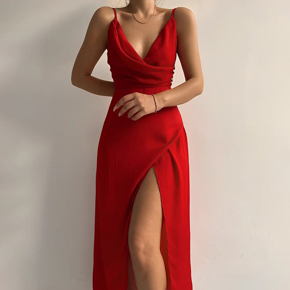Damen Cocktail Party Dress Elegantes Maxi-Kleid V-Ausschnitt Schlitz - Rot