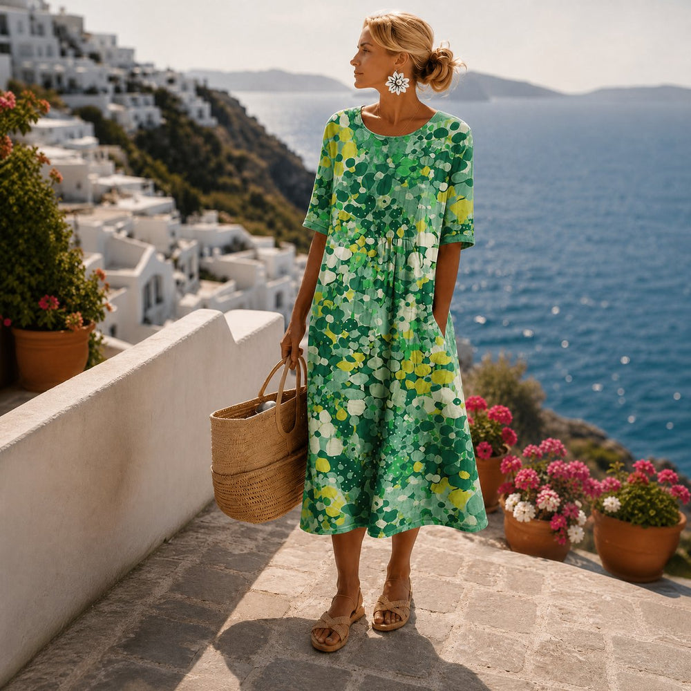 Damen Cocktailkleid Buntes Blumen-Midi-Kleid Kurzarm Sommerkleid - Grün