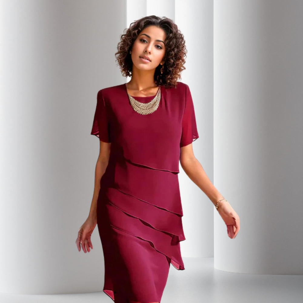 Damen Cocktailkleid geschichtetes Chiffon Kurzarm Abendkleid - Rot