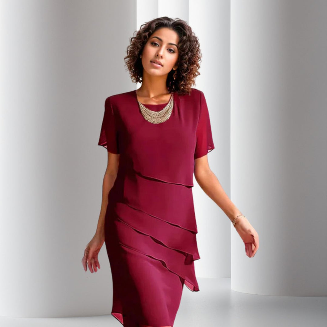 Damen Cocktailkleid geschichtetes Chiffon Kurzarm Abendkleid - Rot