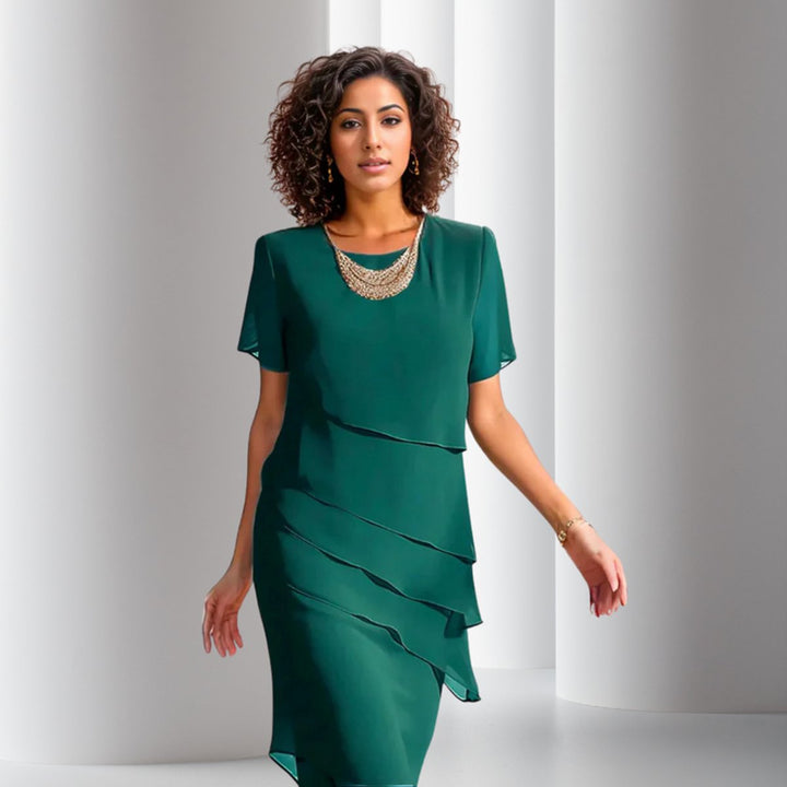 Damen Cocktailkleid geschichtetes Chiffon Kurzarm Abendkleid - Grün