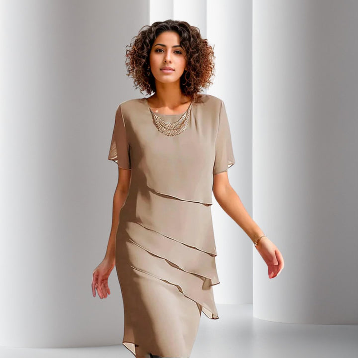 Damen Cocktailkleid geschichtetes Chiffon Kurzarm Abendkleid - Khaki
