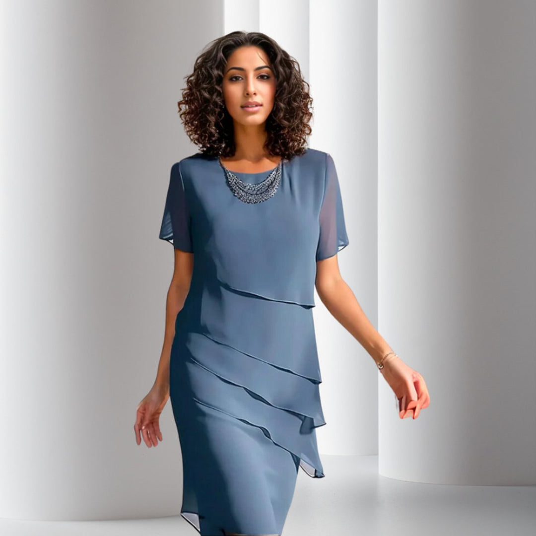 Damen Cocktailkleid geschichtetes Chiffon Kurzarm Abendkleid - Blau