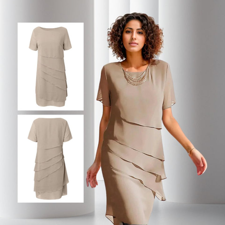 Damen Cocktailkleid geschichtetes Chiffon Kurzarm Abendkleid