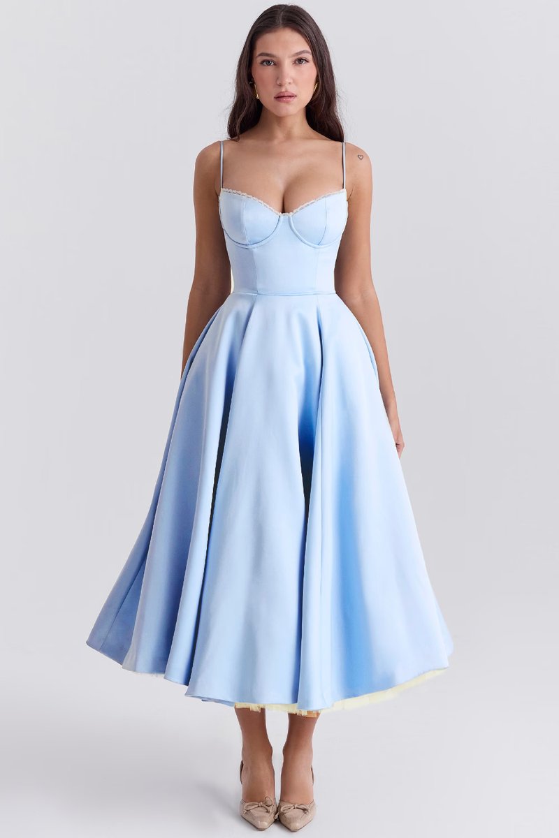 Damen Cocktailkleid Midi Schwingrock Bügelcup Trägerkleid - Blau