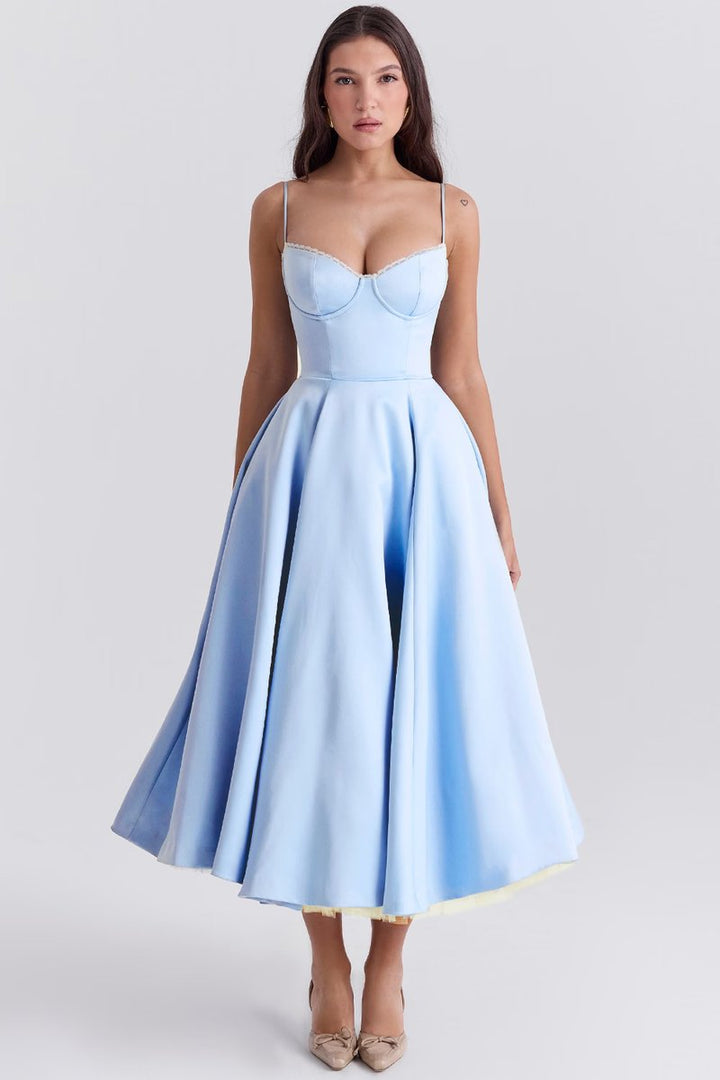 Damen Cocktailkleid Midi Schwingrock Bügelcup Trägerkleid - Blau